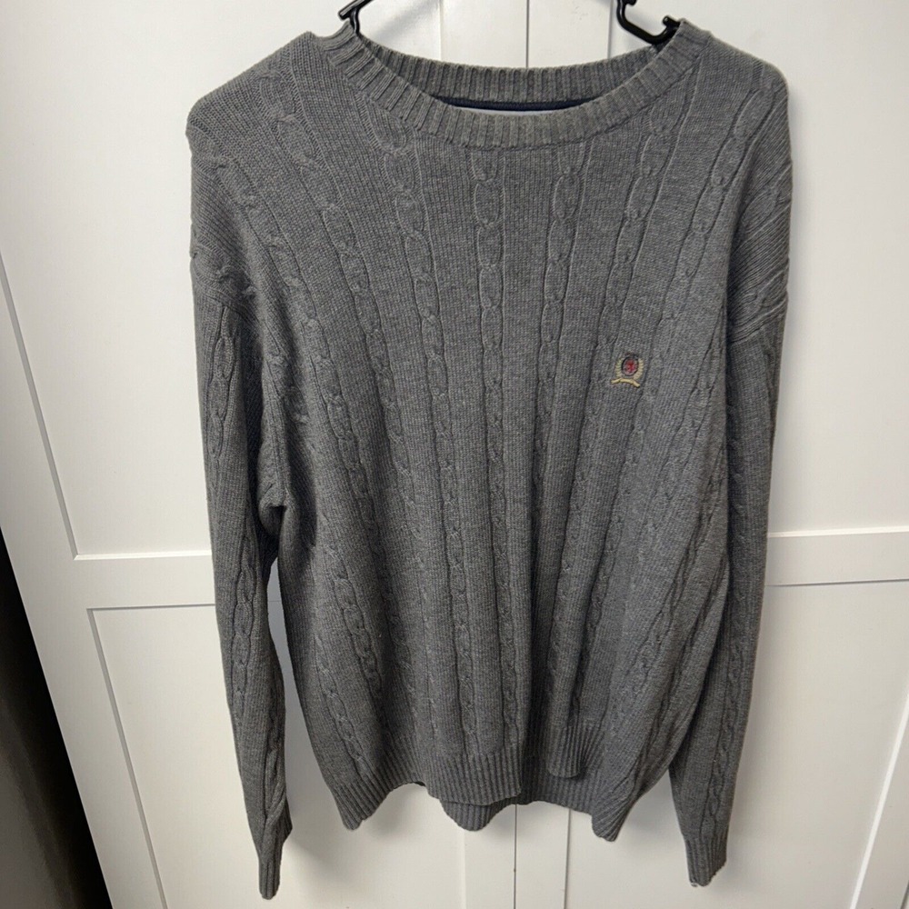 Vintage‎ Tommy Hilfiger cable knit sweater Men's L gray long sleeve 90's Y2K